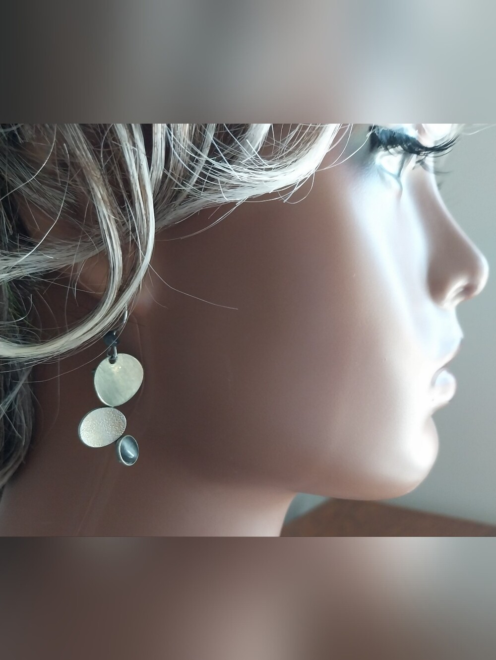 Silver Tone Triple Disc Drop Earrings - Modern Minimalist - Picture 8 of 9
